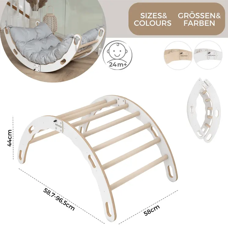MAMOI® Kletterbogen mit Kissen, Kissen für Regenbogenwippe aus Holz, Kletterdreieck, Baby Klettern, Holzbogen für Kinder, Spielplatz, Klettergerüst Indoor ab 1/2/3 Jahre