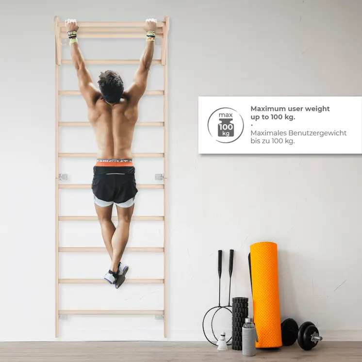 MAMOI® Sprossenwand mit verstellbaren Holzringen, Trainingsgerät für Erwachsene und Kinder, Heim-Fitness, Kraft- und Mobilitätstraining, Naturholz, Wandmontage, Made in EU, 100 % ECO