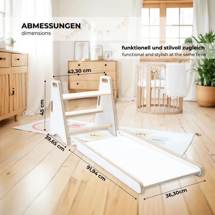 MAMOI® Toboggan d’Intérieur pour Enfants – Toboggan en Bois 2-en-1 et Marchepied | Toboggan Montessori et Aide de Cuisine