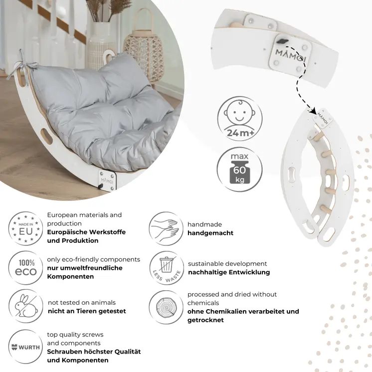 MAMOI® Kletterbogen mit Kissen, Kissen für Regenbogenwippe aus Holz, Kletterdreieck, Baby Klettern, Holzbogen für Kinder, Spielplatz, Klettergerüst Indoor ab 1/2/3 Jahre