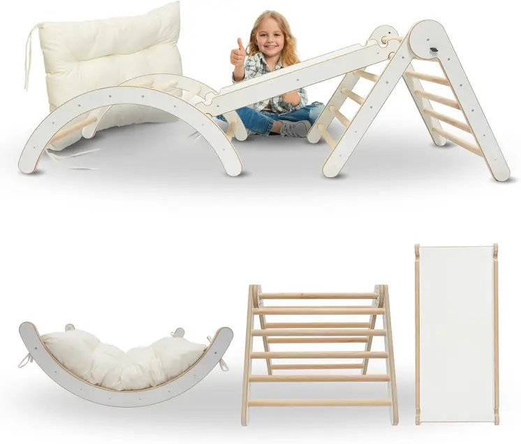 MAMOI® Climbing Frame Climbing Triangle Indoor 4 in 1 SET. Montessori climbing arch with cushions, indoor playground 1-3 years and slide for children.