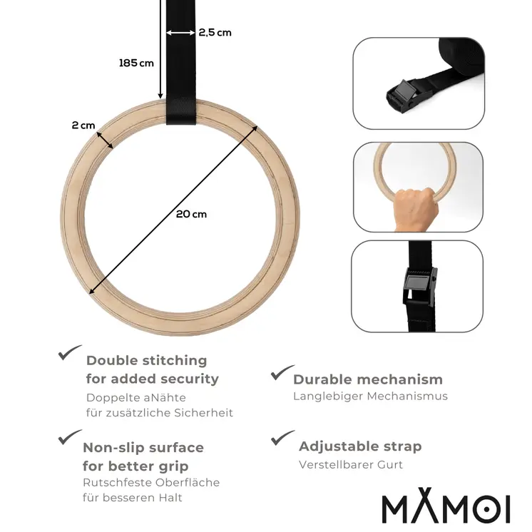 MAMOI® Sprossenwand mit verstellbaren Holzringen, Trainingsgerät für Erwachsene und Kinder, Heim-Fitness, Kraft- und Mobilitätstraining, Naturholz, Wandmontage, Made in EU, 100 % ECO