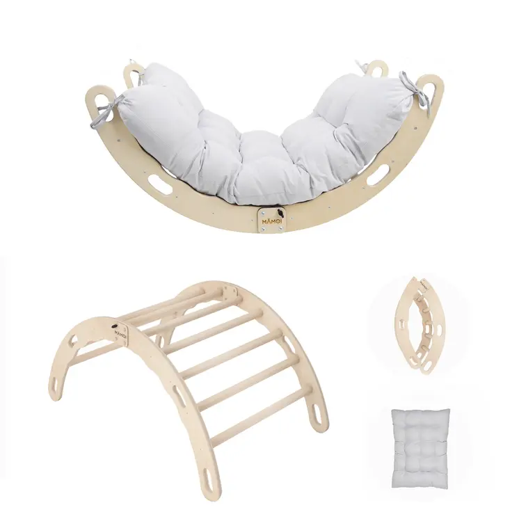 MAMOI® Kletterbogen mit Kissen, Kissen für Regenbogenwippe aus Holz, Kletterdreieck, Baby Klettern, Holzbogen für Kinder, Spielplatz, Klettergerüst Indoor ab 1/2/3 Jahre