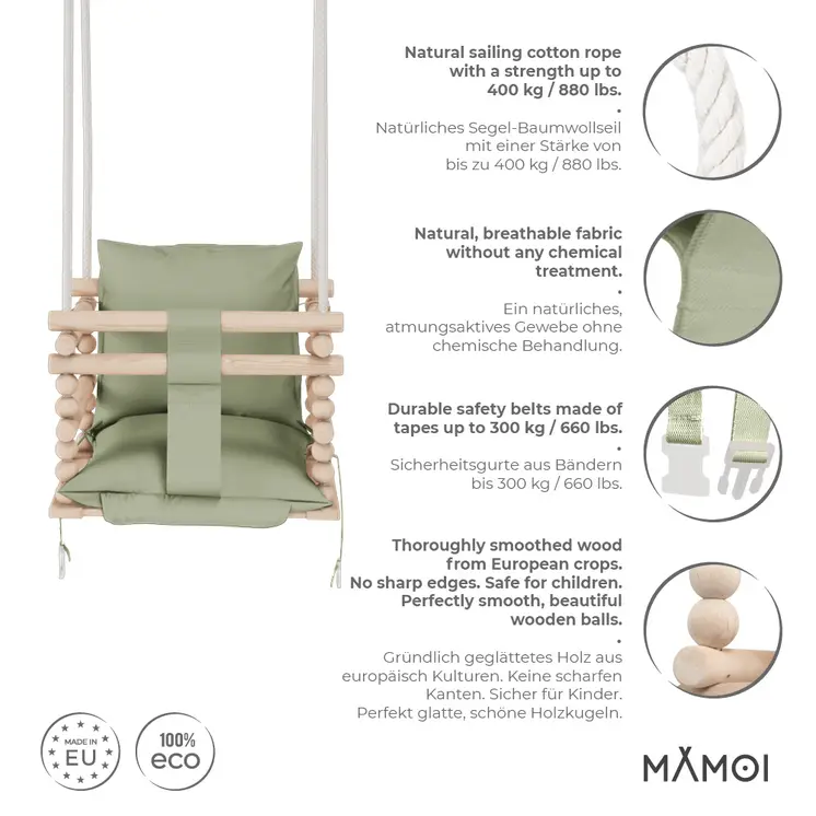 MAMOI Baby swing, Child swing, Swing for children Swing 3 in 1 + SAFETY Belt, Baby swing, Baby swing and swing seat, Children's swing Wood Indoor Outdoor