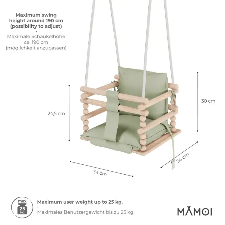 MAMOI Baby swing, Child swing, Swing for children Swing 3 in 1 + SAFETY Belt, Baby swing, Baby swing and swing seat, Children's swing Wood Indoor Outdoor