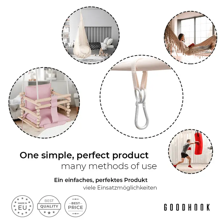 MAMOI®  Befestigungsgurt für Gymnastikringe 1 Stück Band mit Karabiner und Metallringen Zubehör für Sprossenwand Halterung Aufhängung 100% ECO hergestellt in der EU