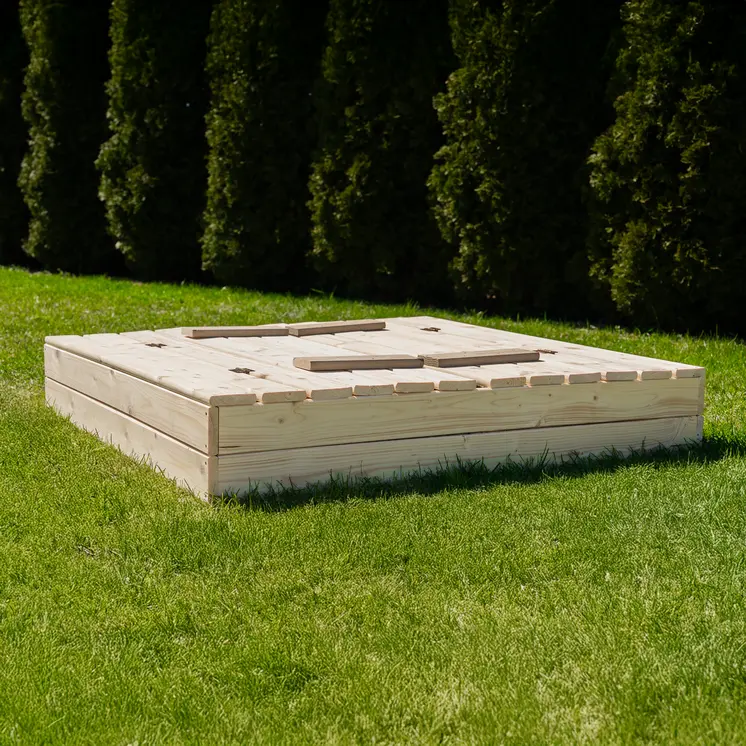 MAMOI Sandkasten mit Deckel 120x120 Sandbox natürlich Sandkiste mit Sitzbänken Holz Spielzeug Abdeckung Sitzbänken 150x150
