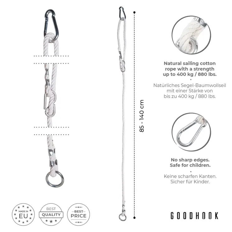 MAMOI® Corde à balancier réglable 85-140 cm | 1 x rallonge de corde à balancier avec mousqueton métallique | Corde en coton naturel avec mousqueton | 100% ECO | Fabriqué dans l'UE