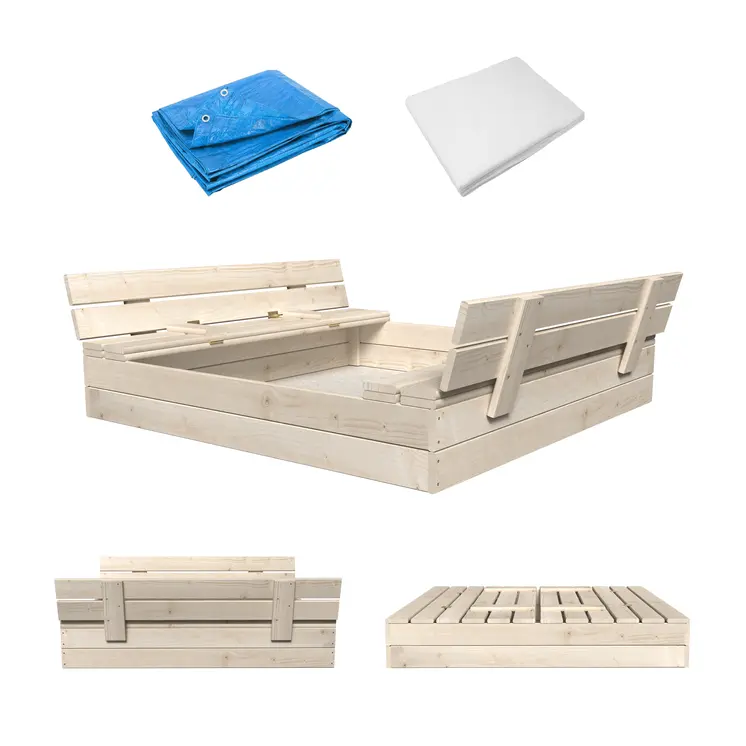 MAMOI Sandkasten mit Deckel 120x120 Sandbox natürlich Sandkiste mit Sitzbänken Holz Spielzeug Abdeckung Sitzbänken 150x150