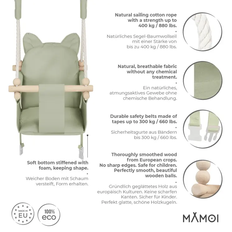 MAMOI® Babyschaukel, Baby schaukel Indoor Outdoor, Kinderschaukel aus Holz, Holzschaukel für Kinder, Schaukeln für türrahmen, Swing, Kleinkinderschaukel ab 1 jahr für Kinderzimmer