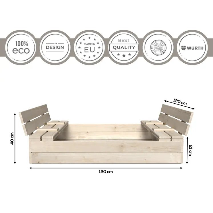 MAMOI Sandkasten mit Deckel 120x120 Sandbox natürlich Sandkiste mit Sitzbänken Holz Spielzeug Abdeckung Sitzbänken 150x150