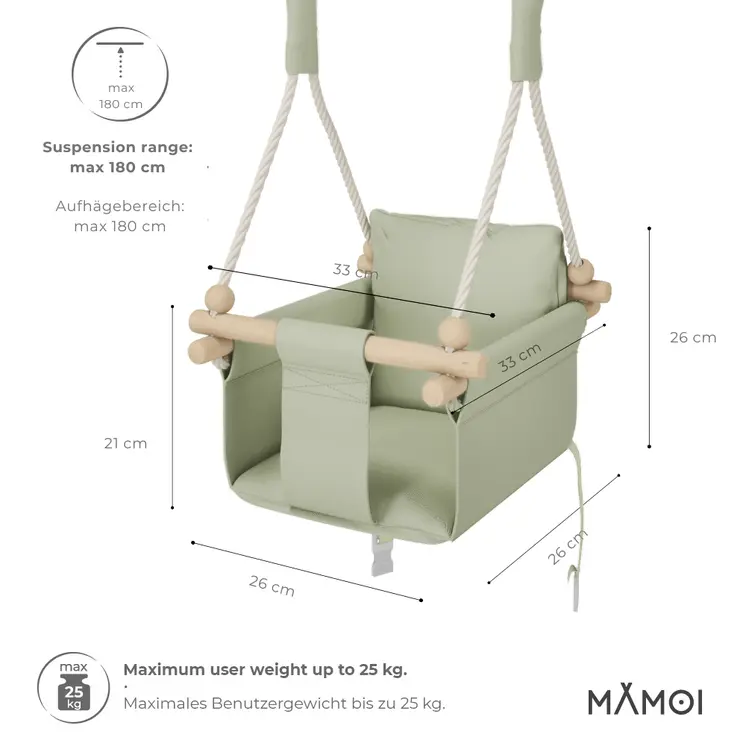 MAMOI® Indoor Children's Swing with Safety Belts, Soft Seat with Cushion, Wooden Handles, Ceiling Mount, 100% ECO, Made in EU