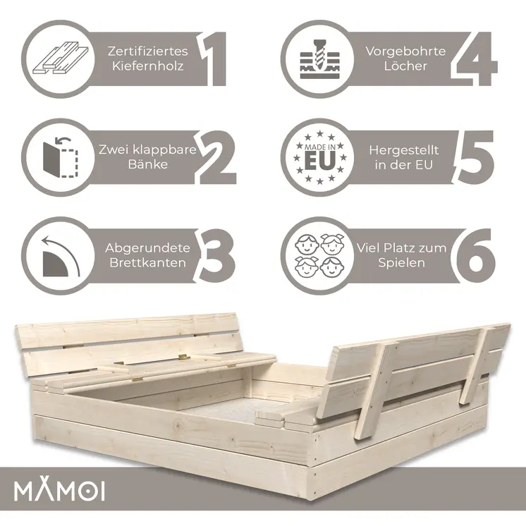 MAMOI Sandkasten mit Deckel 120x120 Sandbox natürlich Sandkiste mit Sitzbänken Holz Spielzeug Abdeckung Sitzbänken 150x150