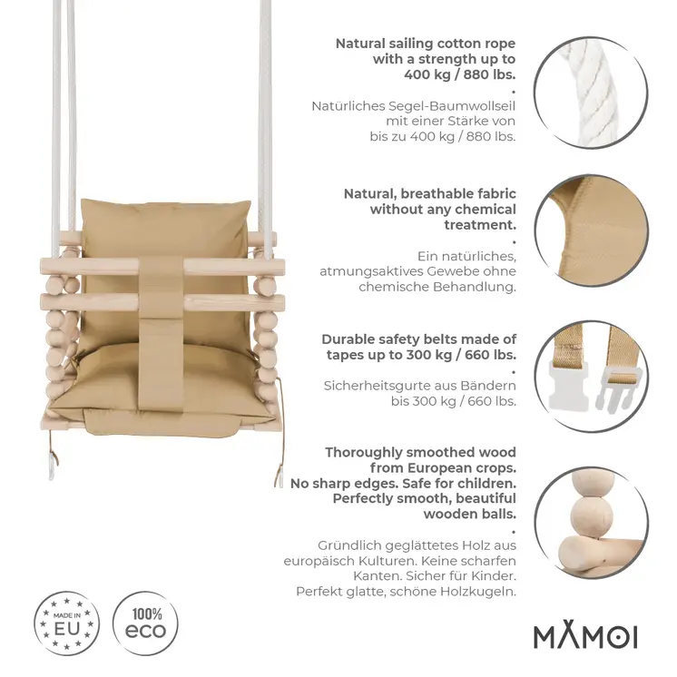 MAMOI® Balancoire bebe pour interieur, Siege balançoire pour bébé, Balancelle de coton en bois naturel, Baby swing pour enfant  à partir de 1 an, 3 en 1