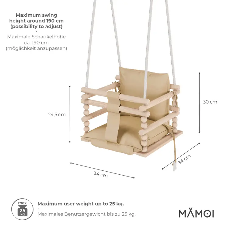 MAMOI® Balancoire bebe pour interieur, Siege balançoire pour bébé, Balancelle de coton en bois naturel, Baby swing pour enfant  à partir de 1 an, 3 en 1