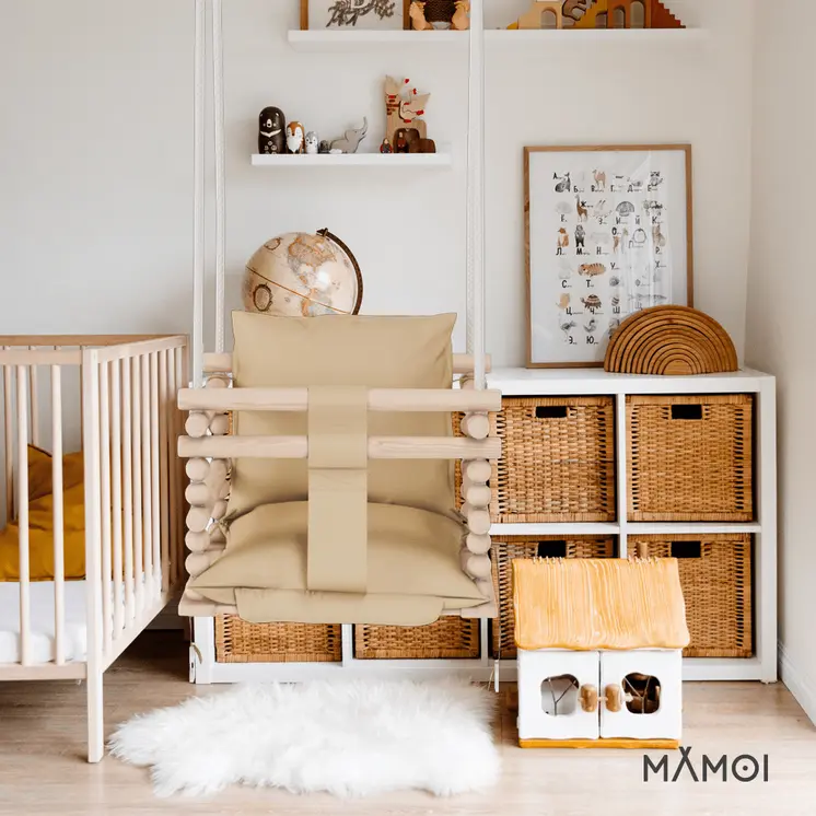MAMOI® Balancoire bebe pour interieur, Siege balançoire pour bébé, Balancelle de coton en bois naturel, Baby swing pour enfant  à partir de 1 an, 3 en 1