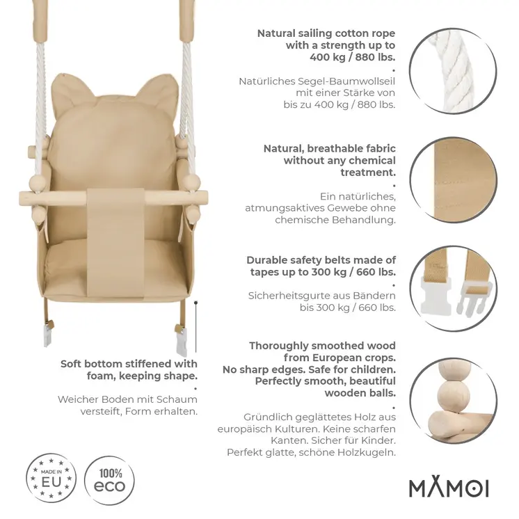 MAMOI® Balancoire interieur pour bebe et enfants, Siege balançoire en bois et en coton pour bébé, Balansoire pour enfant, Balancelle scandinave, Baby swing