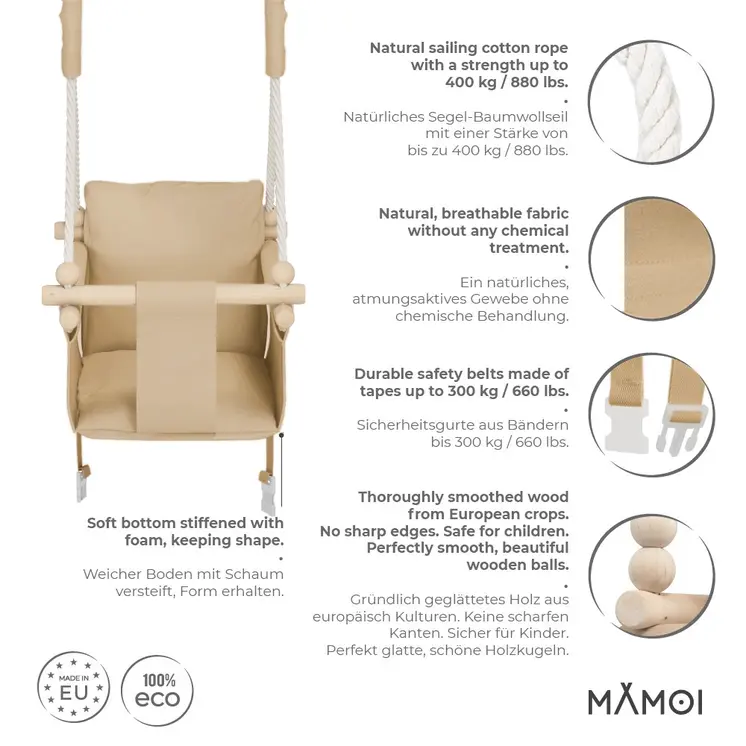 MAMOI® Indoor Children's Swing with Safety Belts, Soft Seat with Cushion, Wooden Handles, Ceiling Mount, 100% ECO, Made in EU