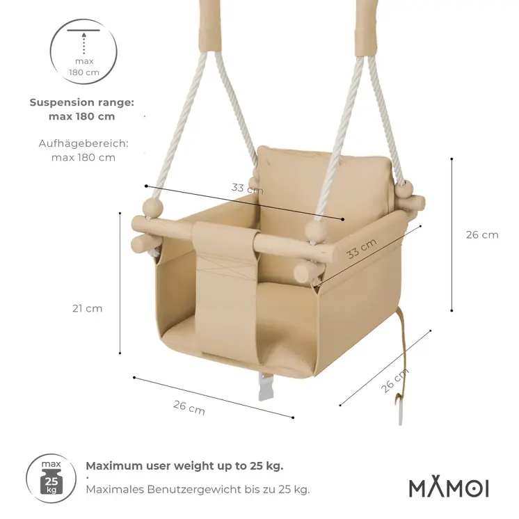 MAMOI® Indoor Children's Swing with Safety Belts, Soft Seat with Cushion, Wooden Handles, Ceiling Mount, 100% ECO, Made in EU