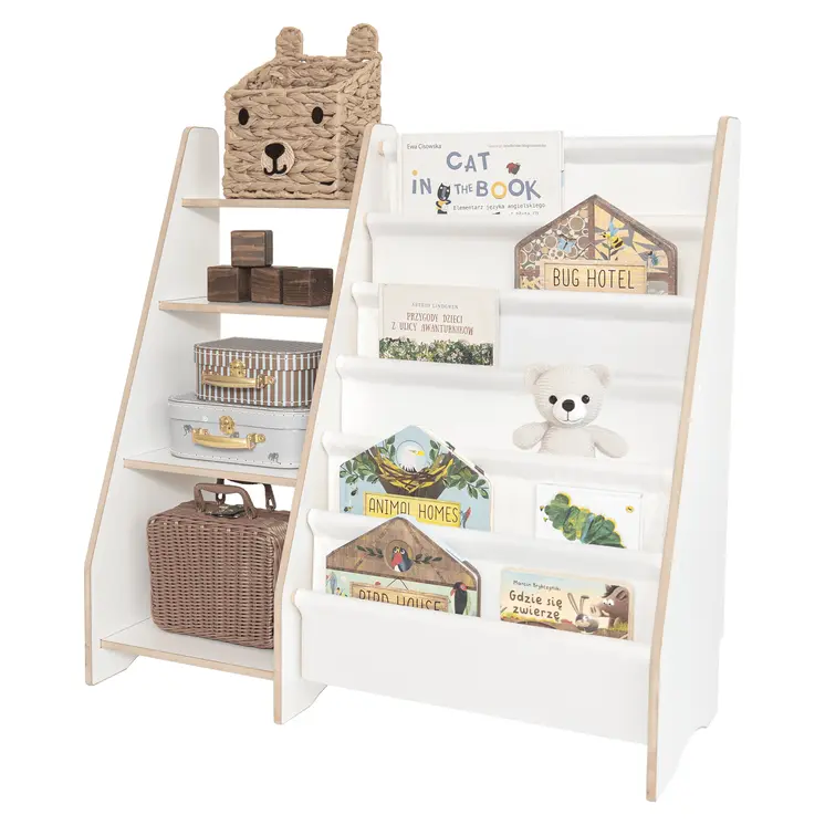 MAMOI® Bookshelf and toy storage for kids, functional 2-in-1 organizer, wooden shelf with compartments and fabric pockets, children's bookcase, Montessori-style furniture, 100% eco, made in EU