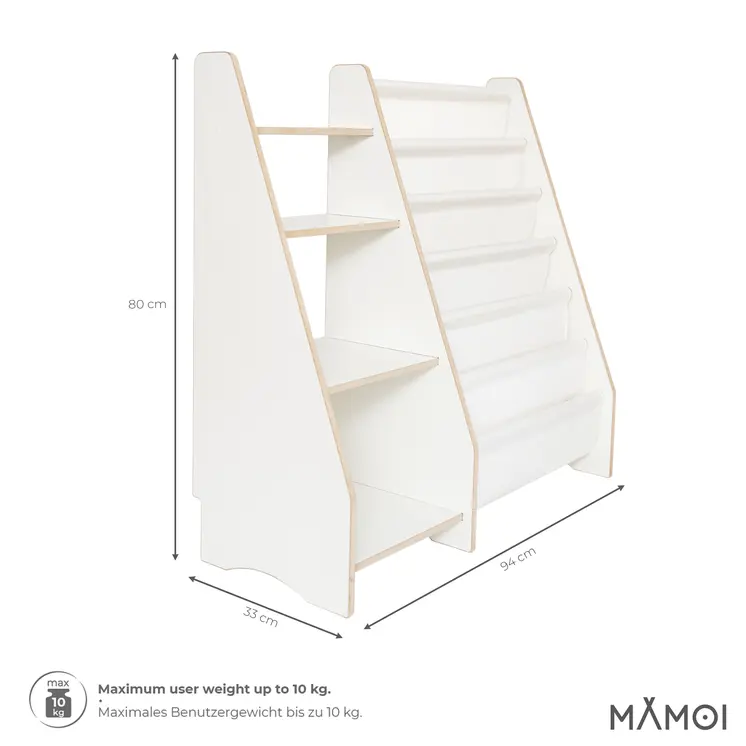 MAMOI® Bookshelf and toy storage for kids, functional 2-in-1 organizer, wooden shelf with compartments and fabric pockets, children's bookcase, Montessori-style furniture, 100% eco, made in EU