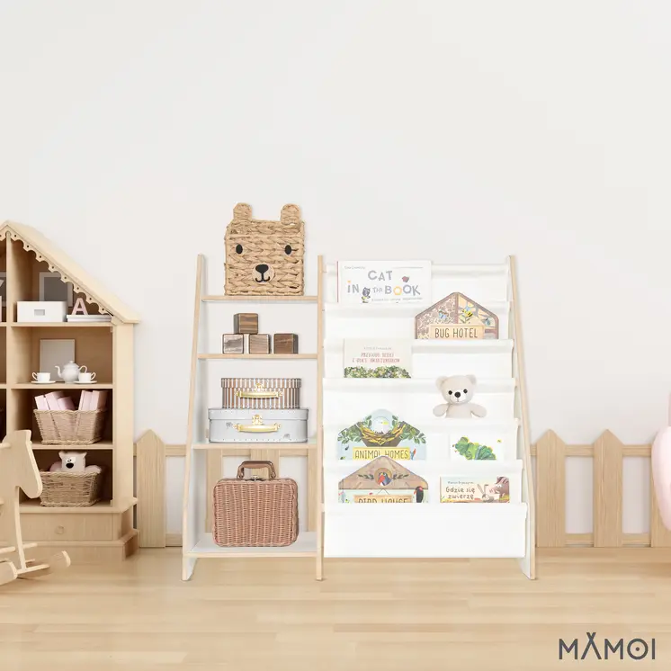 MAMOI® Bookshelf and toy storage for kids, functional 2-in-1 organizer, wooden shelf with compartments and fabric pockets, children's bookcase, Montessori-style furniture, 100% eco, made in EU