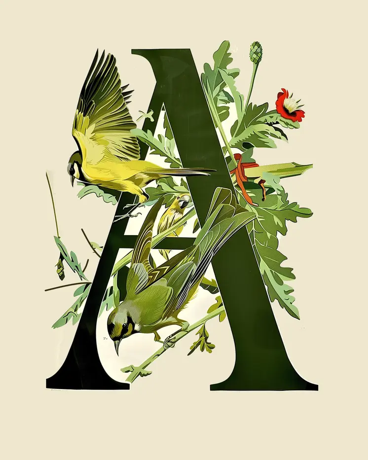 "A" Botanical Bird Green Alphabet 8"x10" Art Print