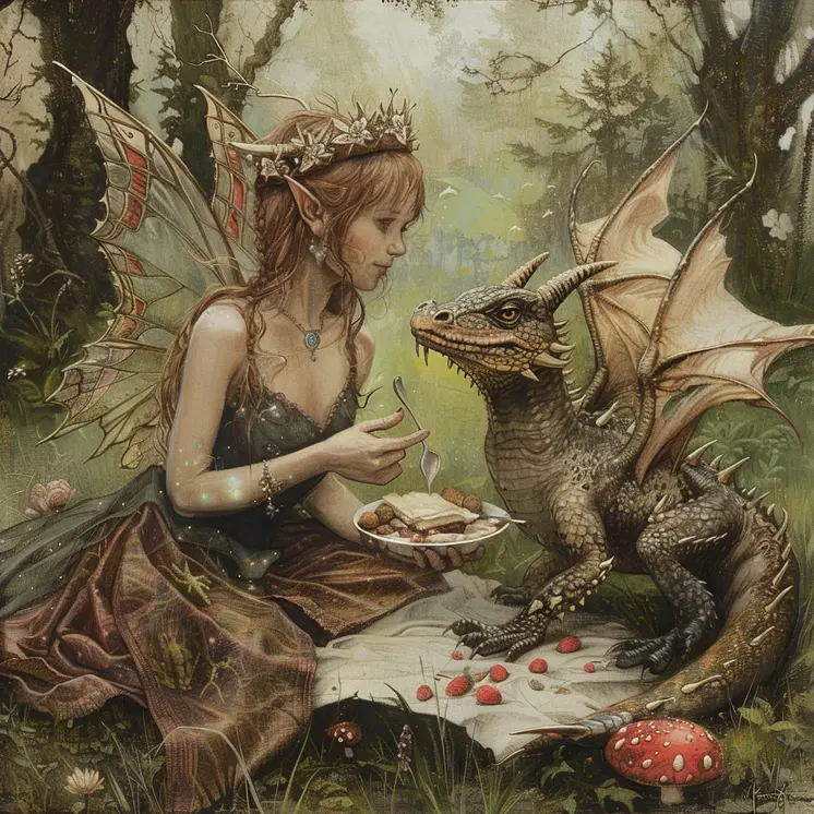 Tea Time for a Fairy and Her Pet Dragon 8”x8” Art Print