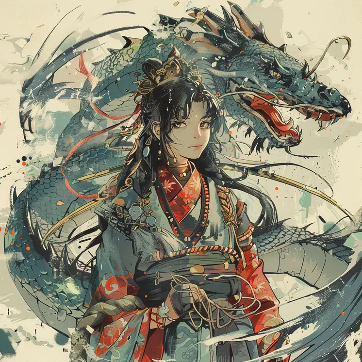 Onna-musha With Her Dragon 8”x8” Art Print
