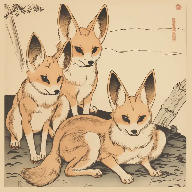 Fennec Foxes Asian 8”x8” Art Print