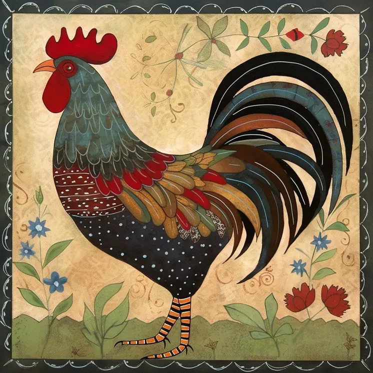 Folk Art Rooster 8”x8” Art Print