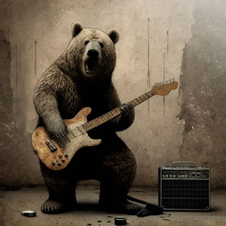 Grizzly Bear Playing Guitar 8”x8” Art Print