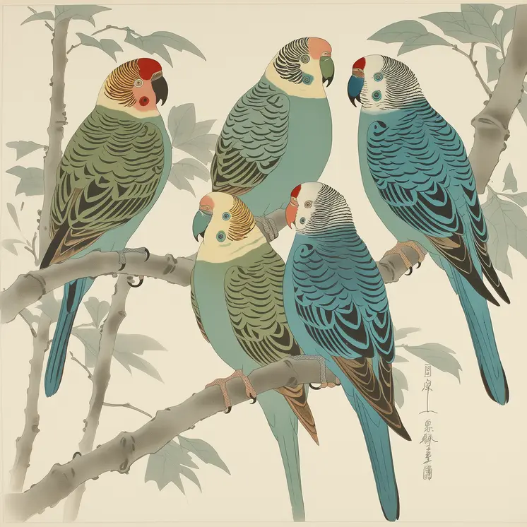 Five Parakeets Asian Bird 8”x8” Art Print