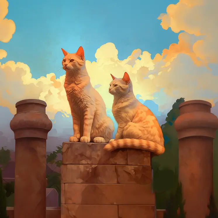 Cats Bathed in Golden Light and Blue Sky 8"x8" Art Print