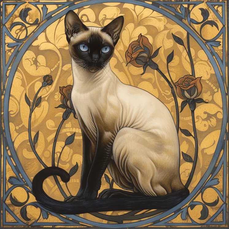 Gold Art Nouveau Style Siamese Cat 8"x8" Art Print