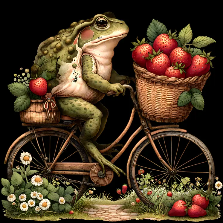 Toad on a Bicycle with a Basket of Strawberries 8"x8" Art Print
