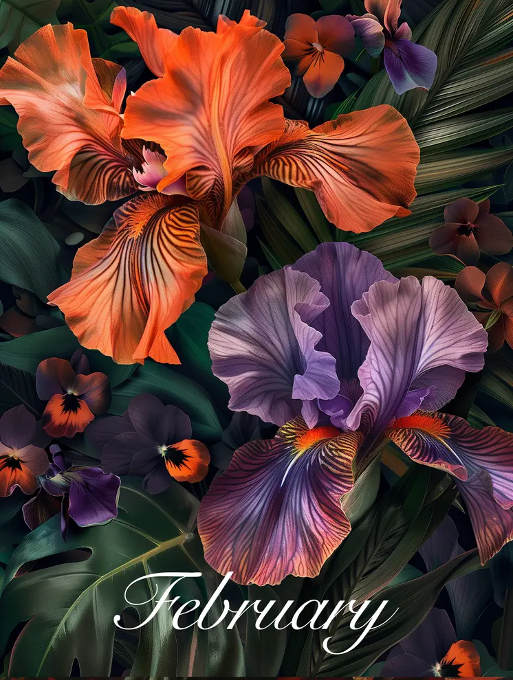 February Purple Violet and Iris Birth Flowers 8"x10" Art Print