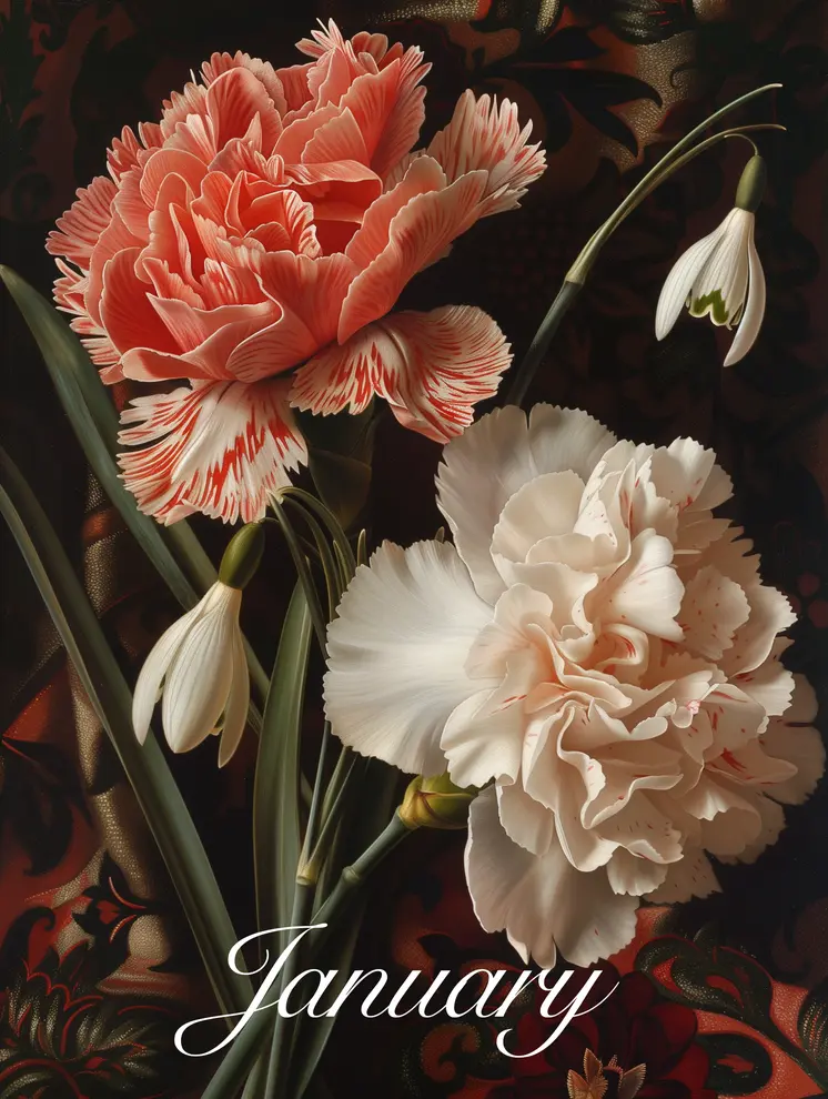 January Carnation and Snowdrop Birth Flowers 8"x10" Art Print