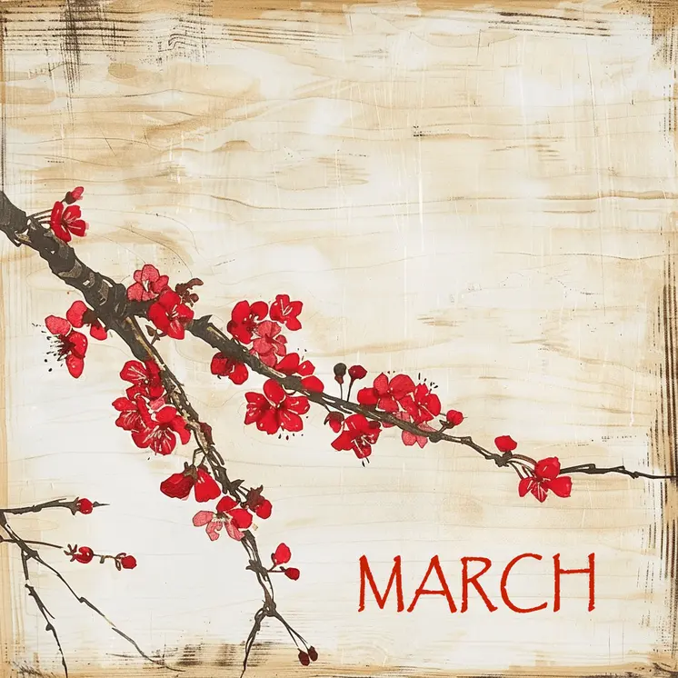 Japandi Style Cherry Blossoms - March Birth Flower 8"x8" Art Print
