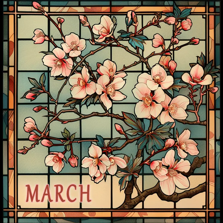 Nouveau Cherry Blossoms - March Birth Flower 8"x8" Art Print