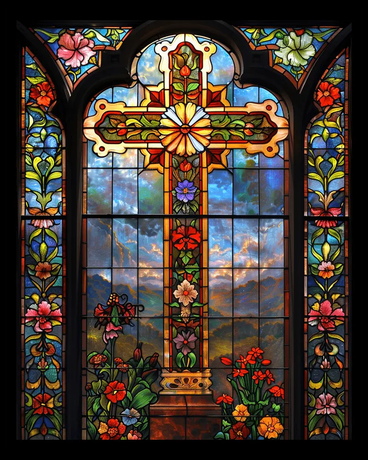Vintage Stained Glass Christian Cross 8"x10" Art Print