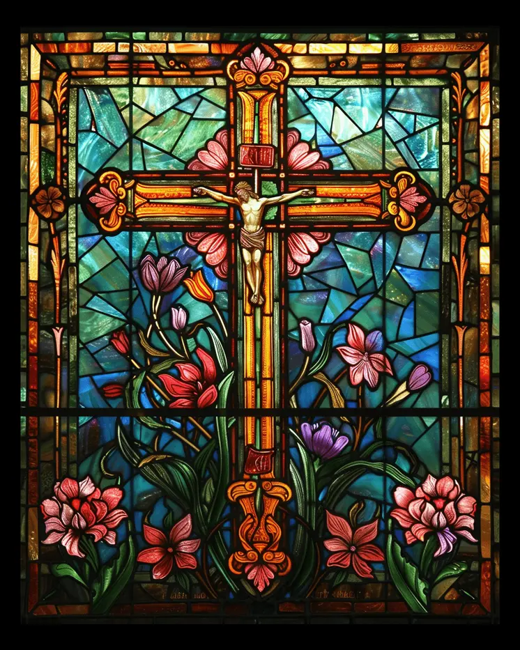 Floral Stained Glass Christian Cross 8"x10" Art Print