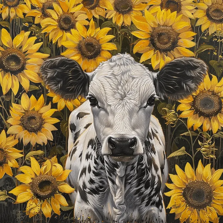 Calf in Sunflower Field 8"x8" Art Print