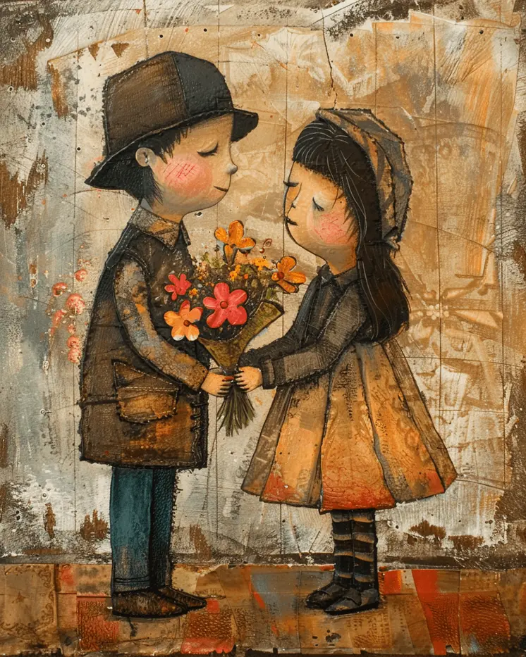 Folk Art Style - Little Sweethearts 8"x10" Art Print