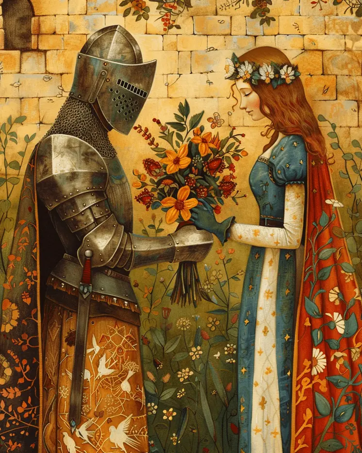 Chivalry Never Fades - Folk Art Style - A Fairytale Bouquet 8"x10" Art Print