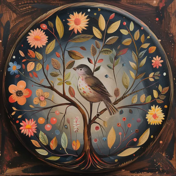 Moonbird on Branch Folk 8"x8" Art Print