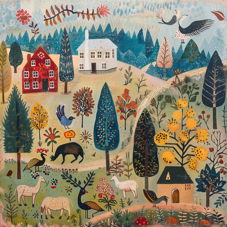 Primitive Happy Day Hill Farmscape Art Print