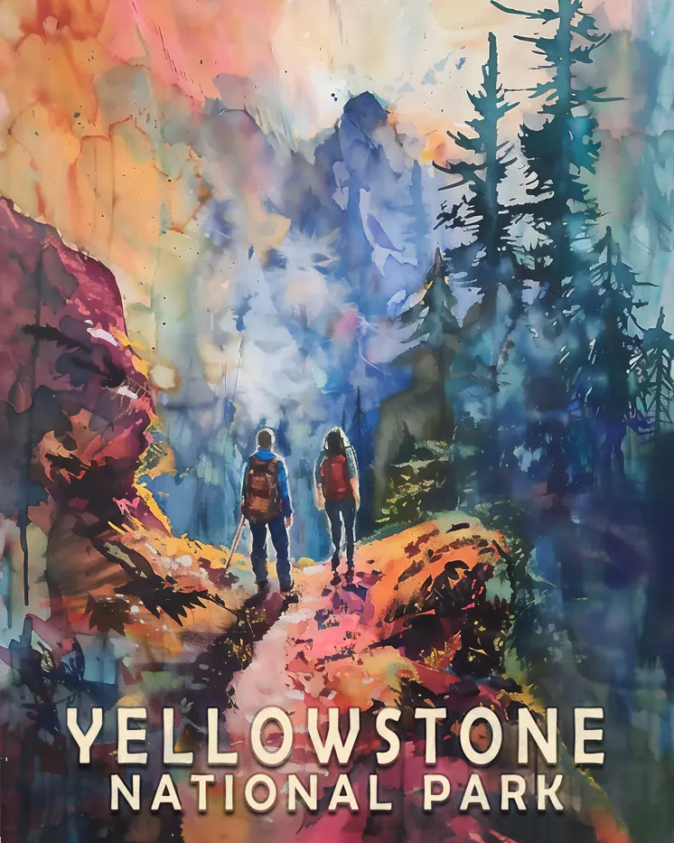 Couple Hiking - Yellowstone National Park Souvenir Home Decor Wall Art Prints – 8″x10″ Artwork – 11″x14″ Matte