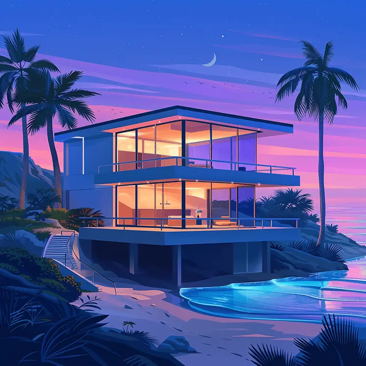 Mid-Century Modern Evening Beach House: 8x8 Art Print
