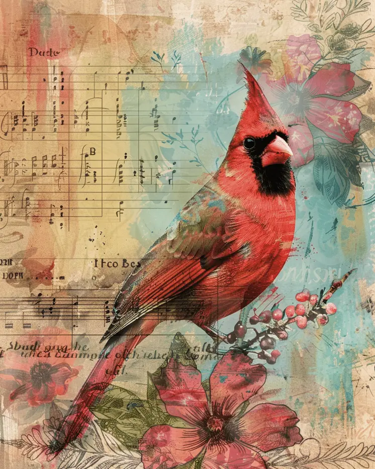 Victorian Cardinal Bird Mixed Media 8"x10" Art Print